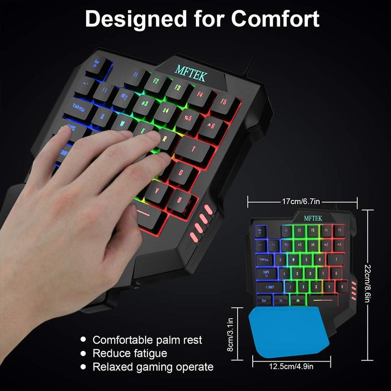 MFTEK One Hand Gaming Keyboard and Mouse Combo, RGB Rainbow Backlit One-Handed Mechanical Feeling Keyboard with Wrist Rest Support, USB Wired Keyboard Mouse and Mouse Pad Set for PC PS4 Gamer - Image 5
